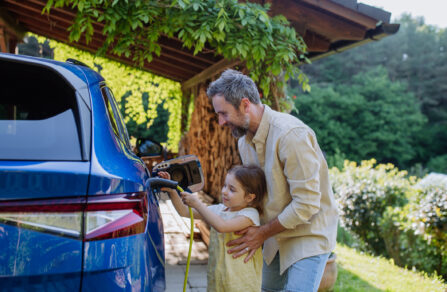 Ein Vater und seine kleine Tochter, die zusammen ein E-Auto laden.